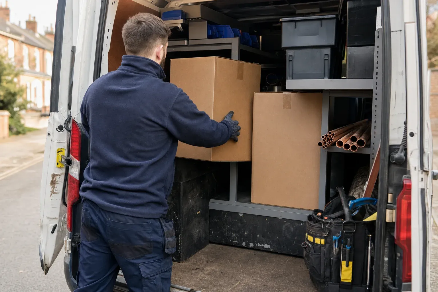 An engineer reaching for one of the boxed boilers stacked in the back of his van