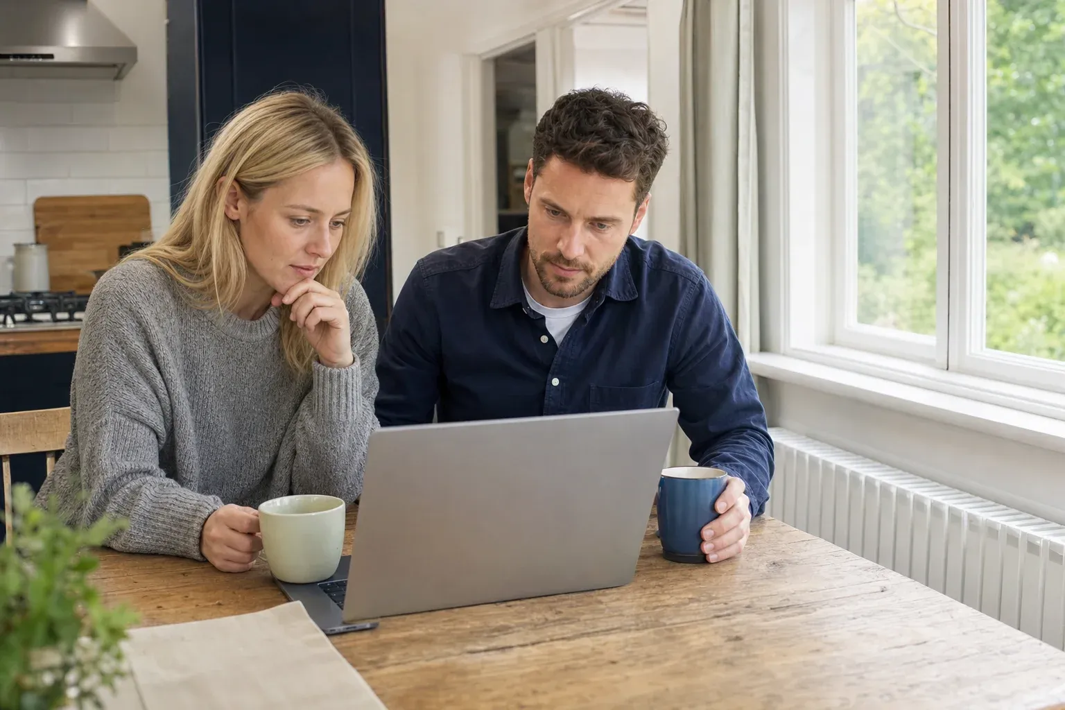 A couple at their kitchen table weighing up the cost of a new boiler on a laptop