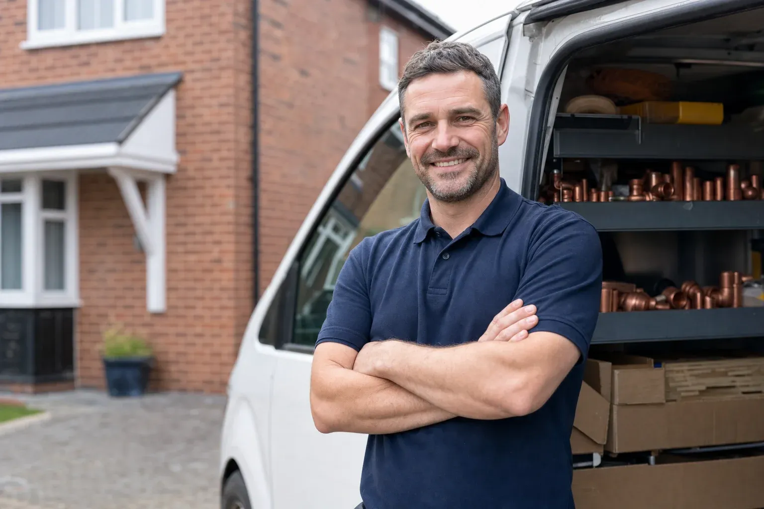 Dan, the founder, standing with his arms folded beside his van outside a brick house