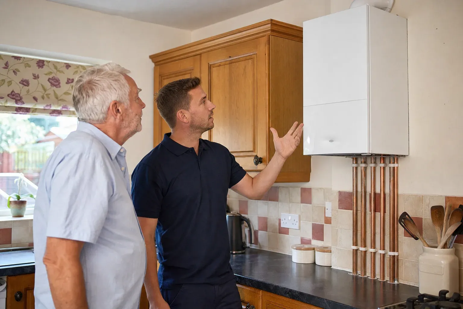 An engineer talking a homeowner through repair or replace options beside the kitchen boiler