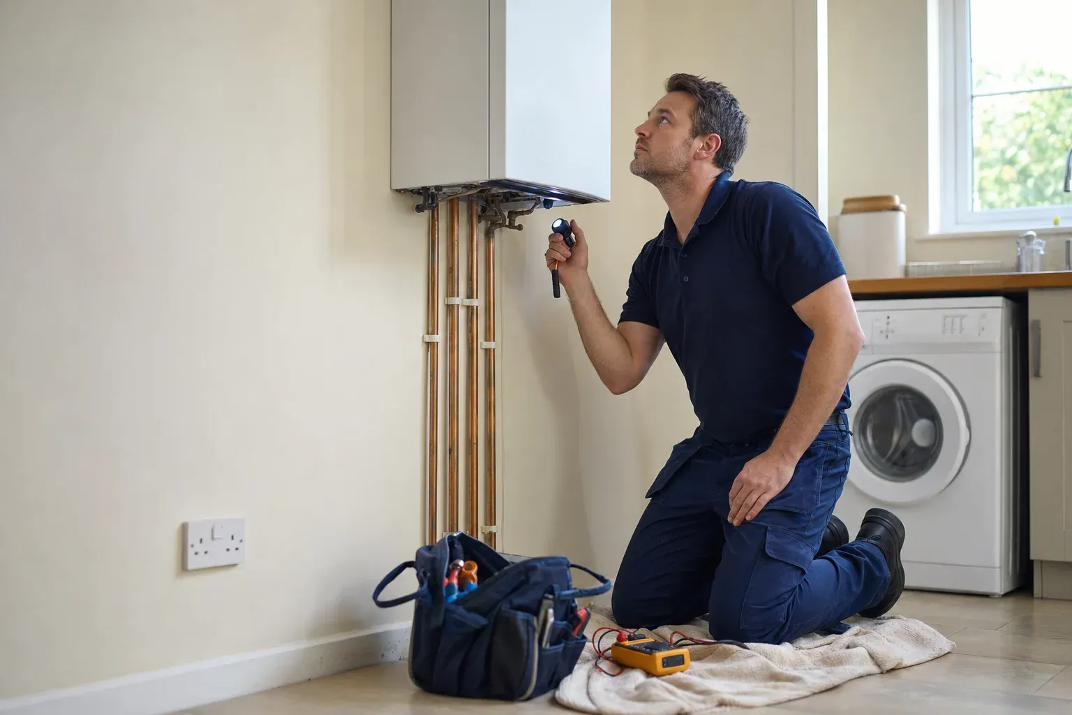 A heating engineer kneeling on a dust sheet, using a torch to diagnose a boiler fault in a utility room