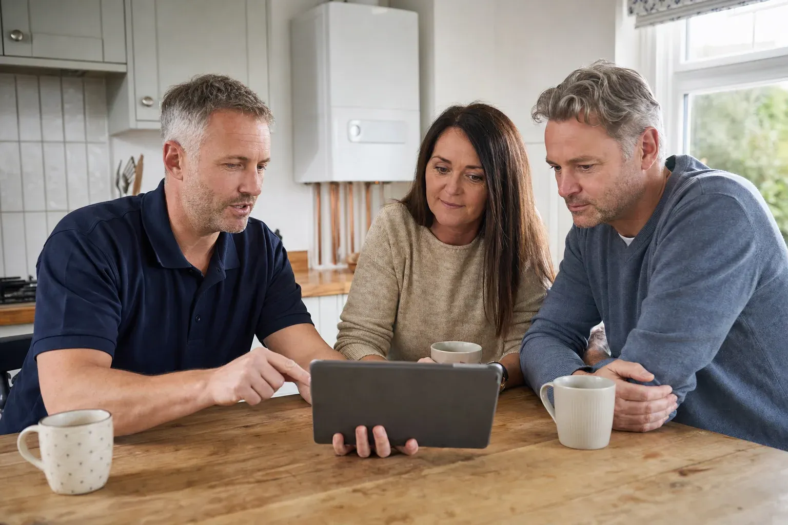 An engineer talking a couple through their quote on a tablet at the kitchen table