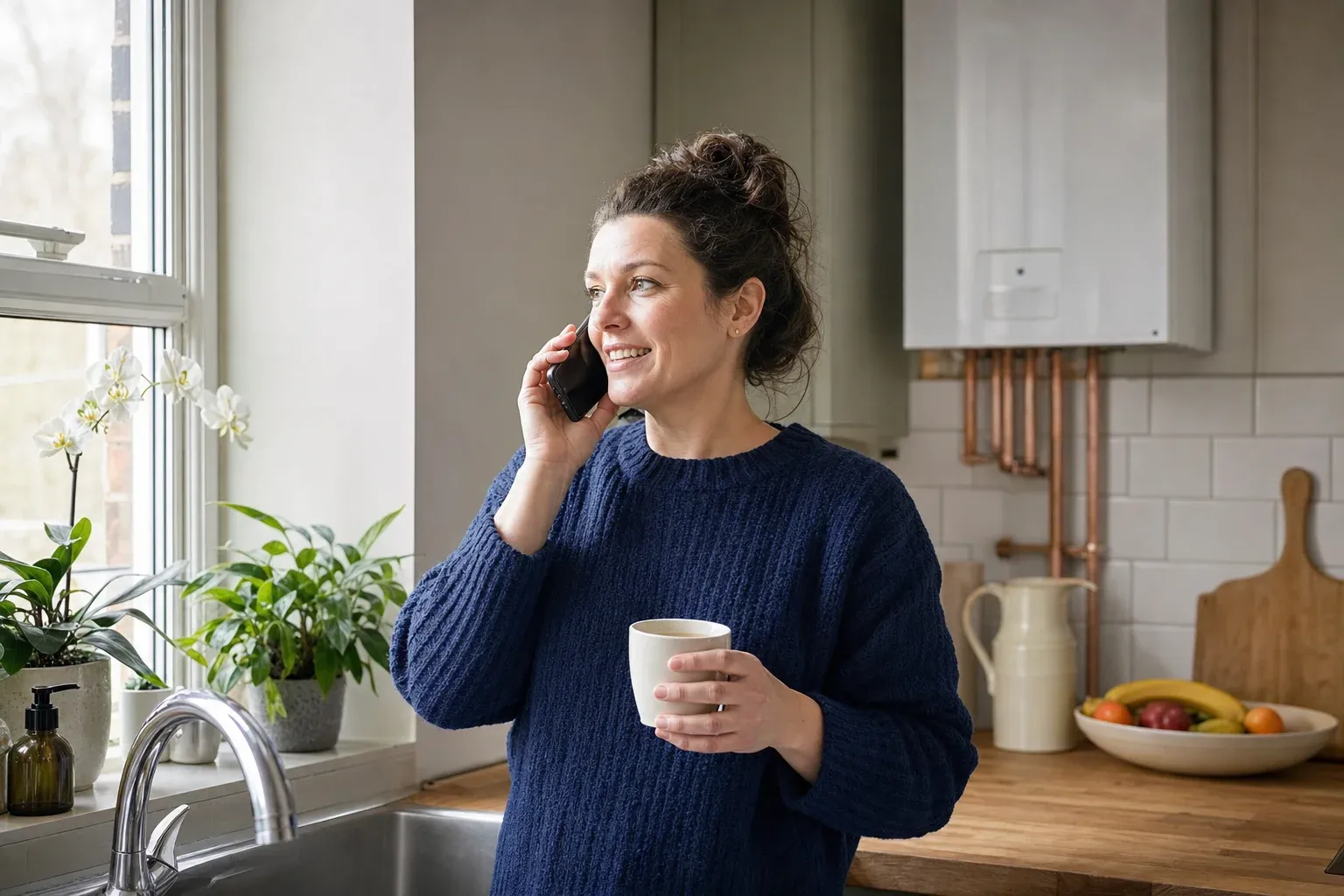 A homeowner on the phone in her kitchen, arranging a visit