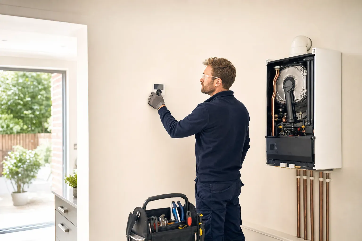 An engineer setting up a new wall thermostat beside a serviced boiler