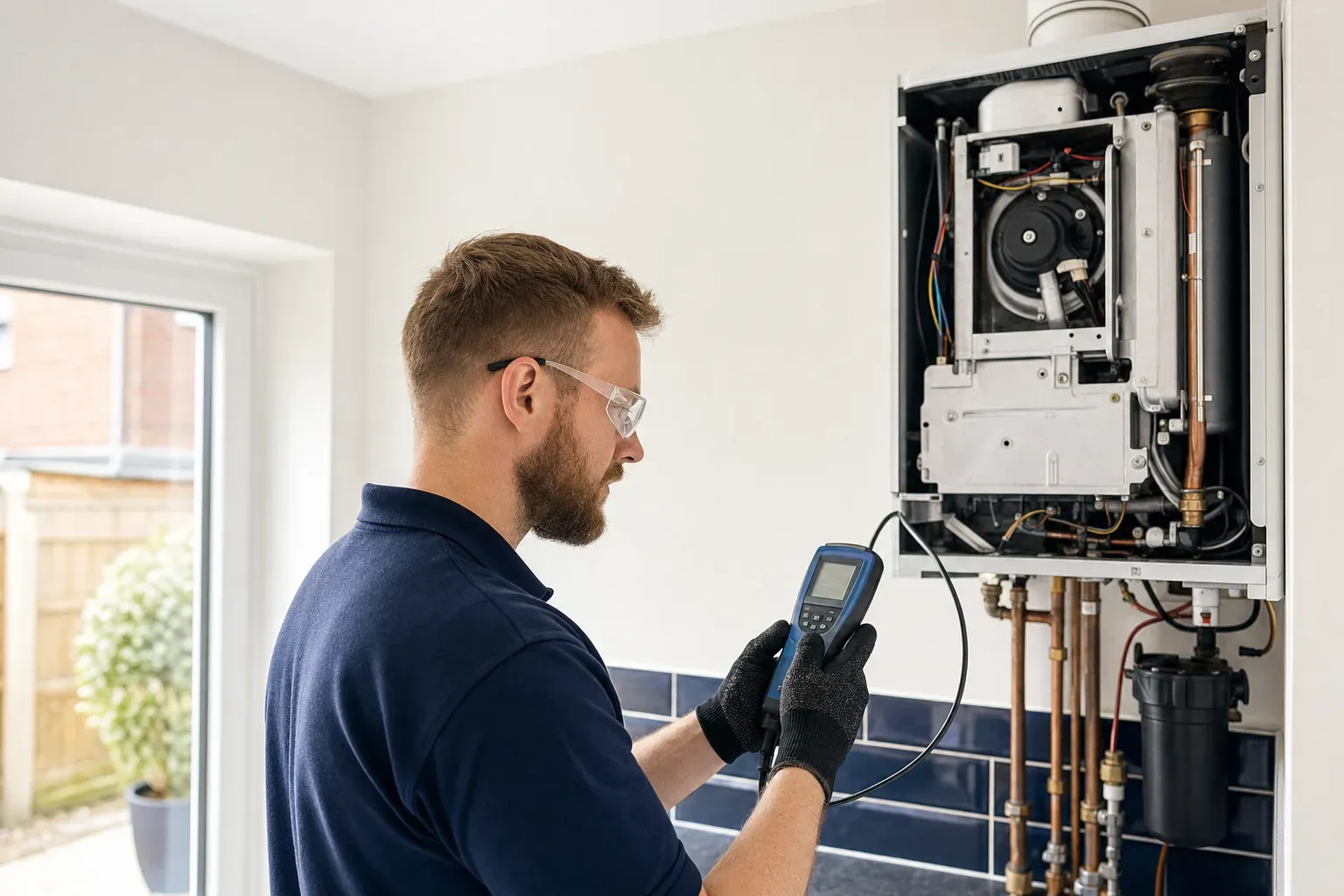 An engineer in safety glasses taking a flue gas analyser reading during a boiler service